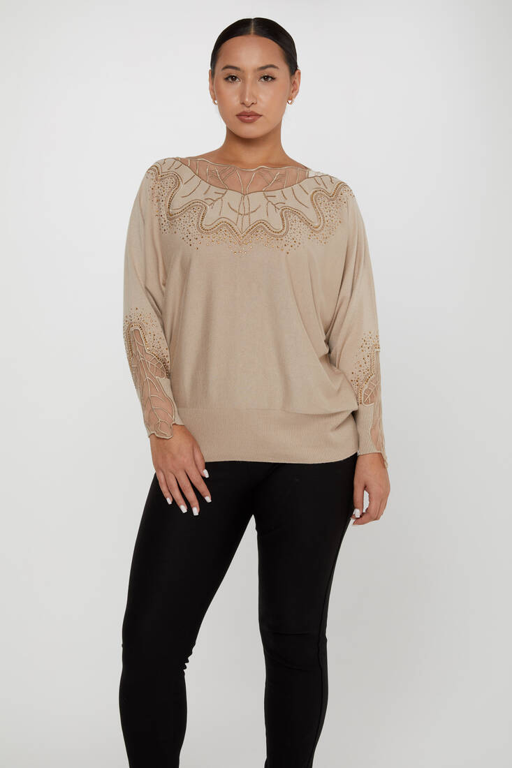 Women's Knitwear Stone Embroidered Mink - 31227 | KAZEE