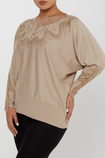 Women's Knitwear Stone Embroidered Mink - 31227 | KAZEE - Thumbnail