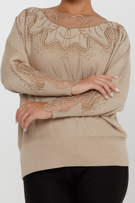 Women's Knitwear Stone Embroidered Mink - 31227 | KAZEE - Thumbnail