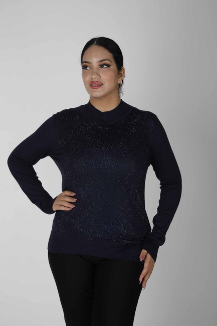 Women's Knitwear Stoned Stand Collar Navy Blue - 30687 | KAZEE - Thumbnail