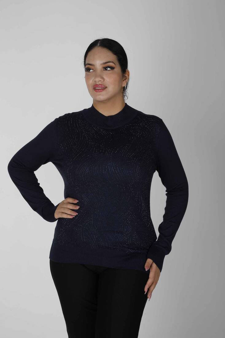 Women's Knitwear Stoned Stand Collar Navy Blue - 30687 | KAZEE