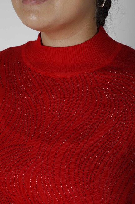 Women's Knitwear Stone Stand Collar Red - 30687 | KAZEE - Thumbnail