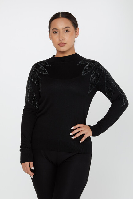 Women's Knitwear Stoned Long Sleeve Sweater Black - 30114 | KAZEE - Thumbnail