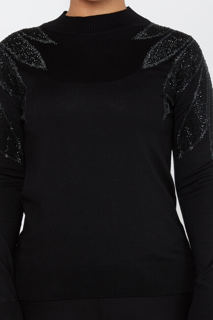 Women's Knitwear Stoned Long Sleeve Sweater Black - 30114 | KAZEE - Thumbnail