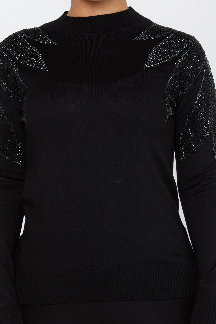 Women's Knitwear Stoned Long Sleeve Sweater Black - 30114 | KAZEE