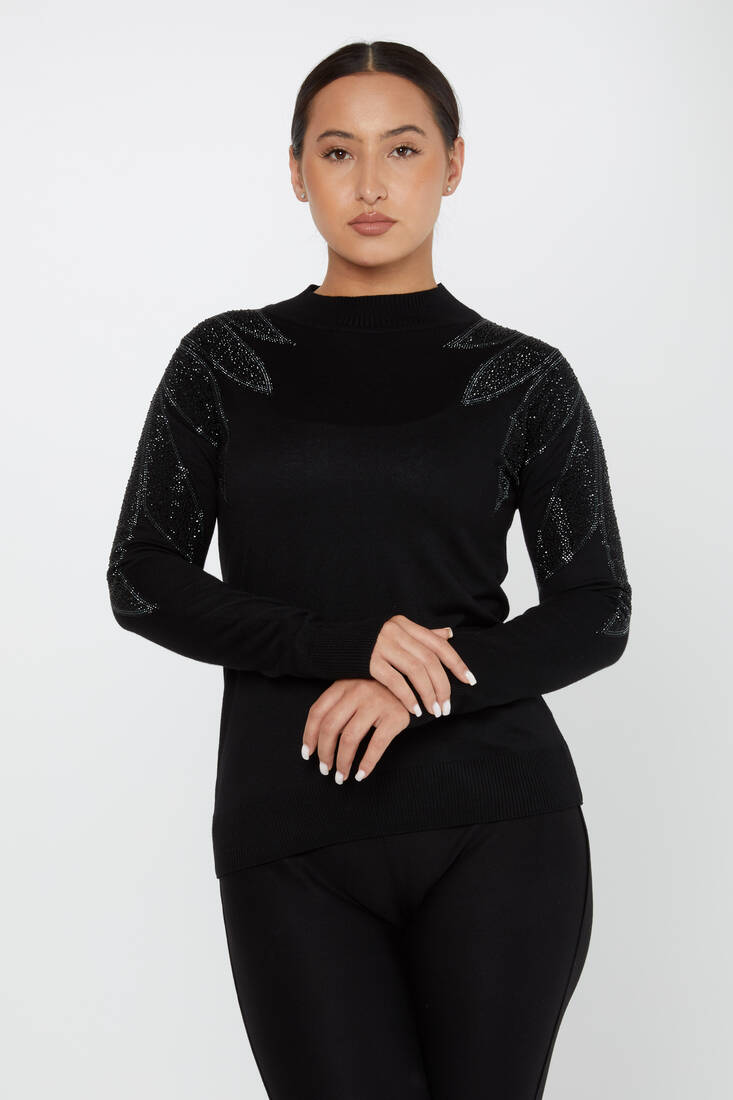 Women's Knitwear Stoned Long Sleeve Sweater Black - 30114 | KAZEE