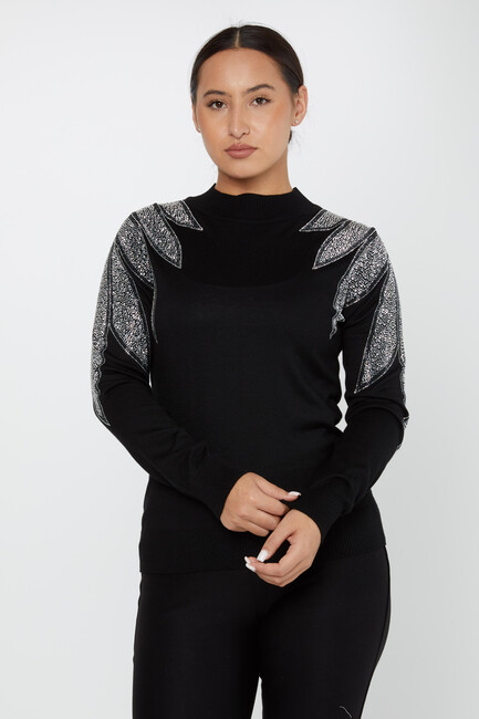 Women's Knitwear Stoned Long Sleeve Sweater Black-Ecru - 30114| KAZEE - Thumbnail