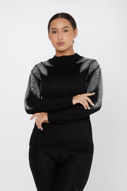 Women's Knitwear Stoned Long Sleeve Sweater Black-Ecru - 30114| KAZEE - Thumbnail