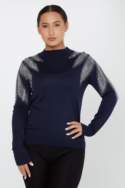 Women's Knitwear Stoned Long Sleeve Sweater Navy Blue - 30114 | KAZEE - Thumbnail