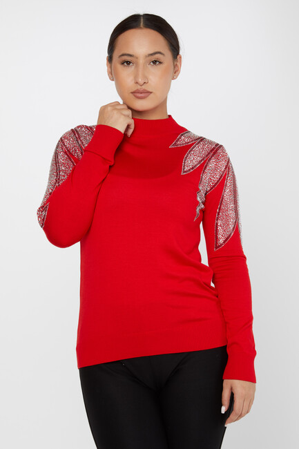 Women's Knitwear Stoned Long Sleeve Sweater Red - 30114 | KAZEE - Thumbnail