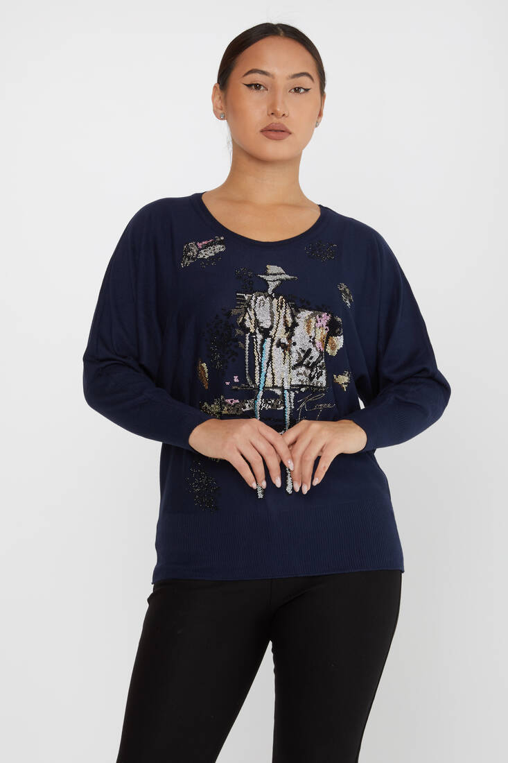 Women's Knitwear Stoned Navy Blue - 30227 | KAZEE