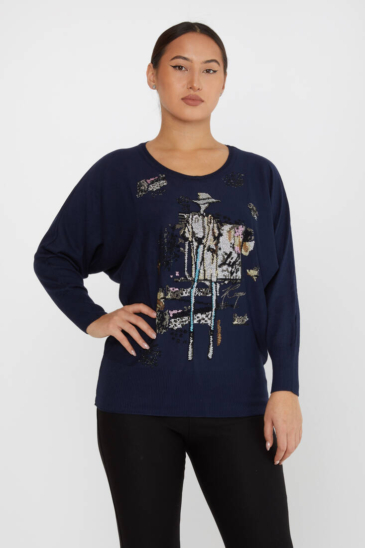 Women's Knitwear Stoned Navy Blue - 30227 | KAZEE