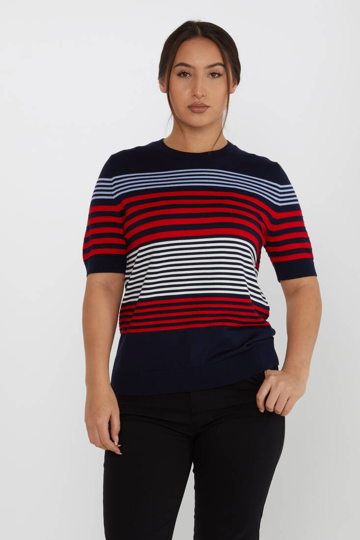 Women's Knitwear Short Sleeve Striped Detail Navy Blue - 31689 | KAZEE