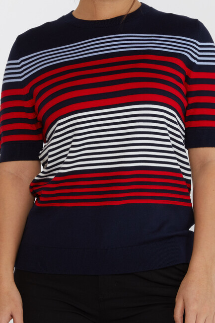 Women's Knitwear Short Sleeve Striped Detail Navy Blue - 31689 | KAZEE - Thumbnail