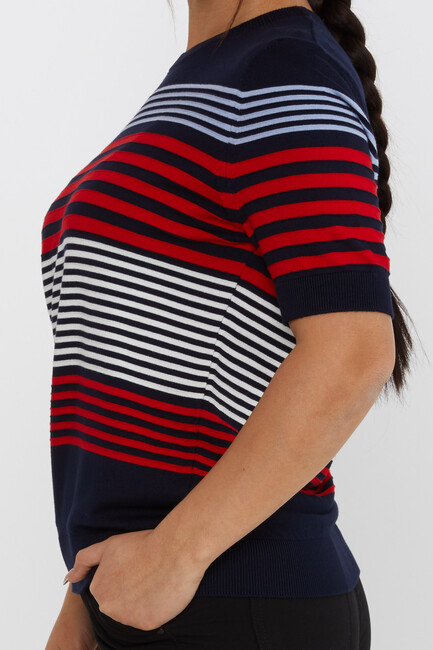 Women's Knitwear Short Sleeve Striped Detail Navy Blue - 31689 | KAZEE - Thumbnail