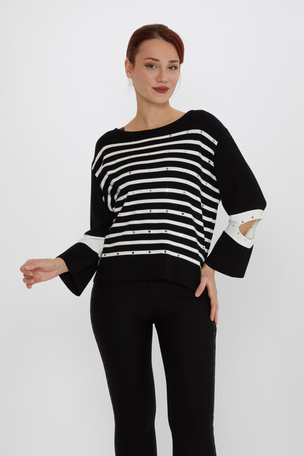 Women's Knitwear Striped Sleeve Detail Black - 31274 | KAZEE - Thumbnail