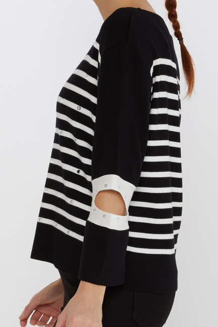 Women's Knitwear Striped Sleeve Detail Black - 31274 | KAZEE - Thumbnail