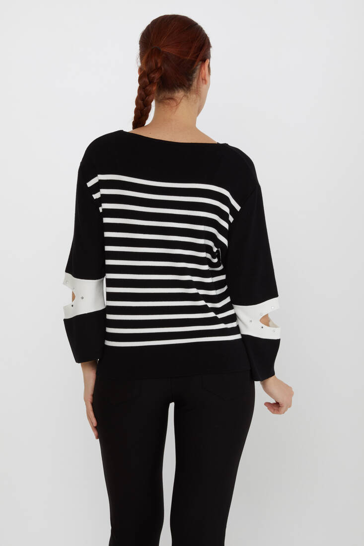 Women's Knitwear Striped Sleeve Detail Black - 31274 | KAZEE