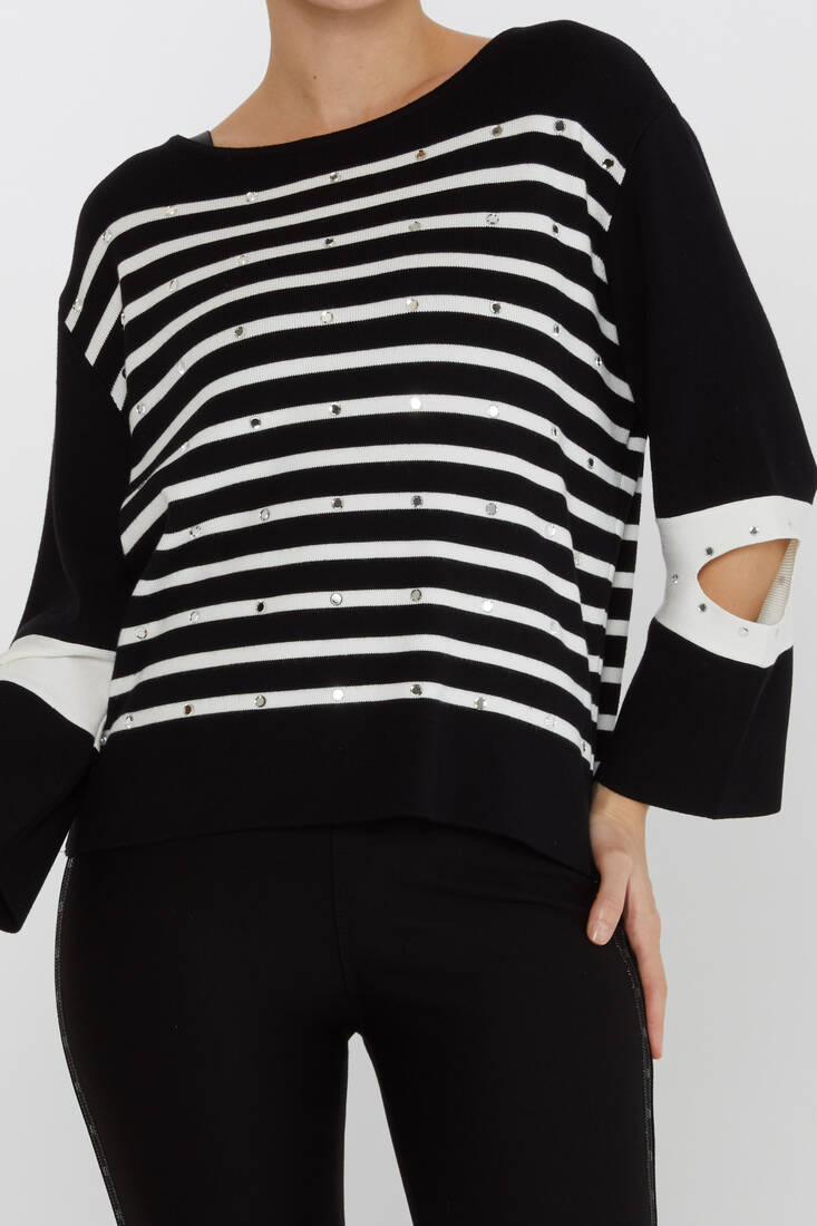 Women's Knitwear Striped Sleeve Detail Black - 31274 | KAZEE