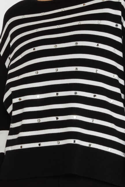 Women's Knitwear Striped Sleeve Detail Black - 31274 | KAZEE - Thumbnail