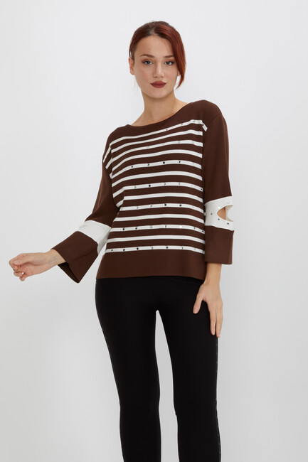 Women's Knitwear Striped Sleeve Detailed Brown - 31274 | KAZEE - Thumbnail