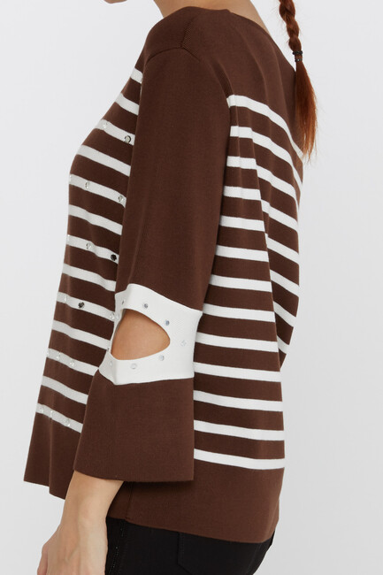 Women's Knitwear Striped Sleeve Detailed Brown - 31274 | KAZEE - Thumbnail