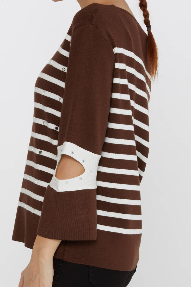 Women's Knitwear Striped Sleeve Detailed Brown - 31274 | KAZEE