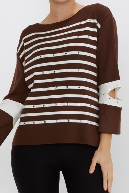 Women's Knitwear Striped Sleeve Detailed Brown - 31274 | KAZEE - Thumbnail