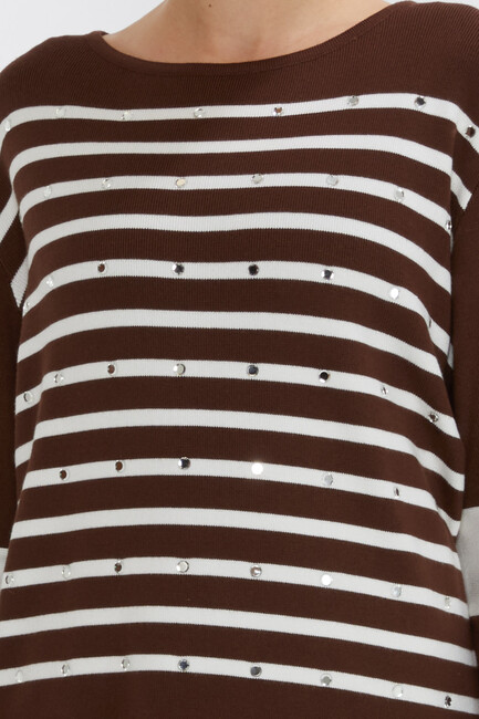 Women's Knitwear Striped Sleeve Detailed Brown - 31274 | KAZEE - Thumbnail