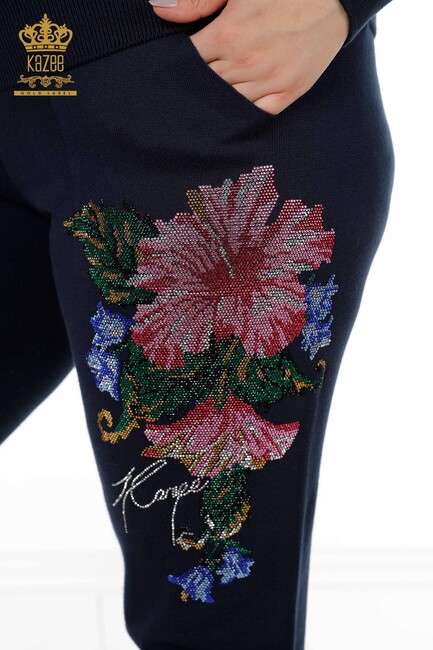 Women's Knitwear Suit Floral Patterned Navy Blue - 16522 | KAZEE - Thumbnail