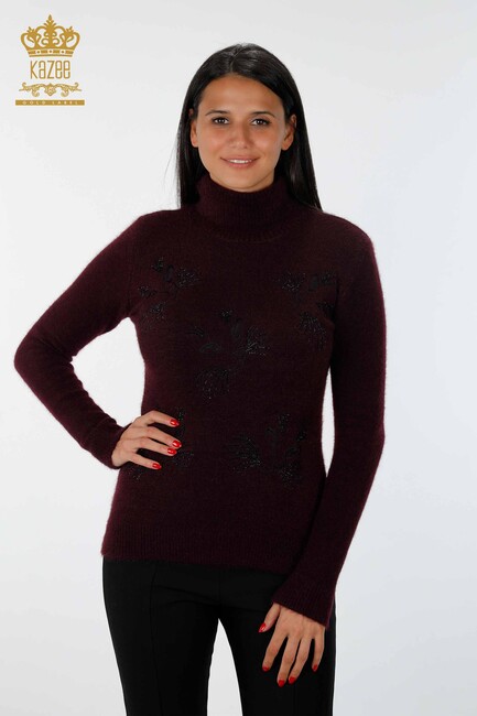 Women's Knitwear Sweater Cat Detailed Stone Embroidered Basic Plum - 18759 | KAZEE - Thumbnail