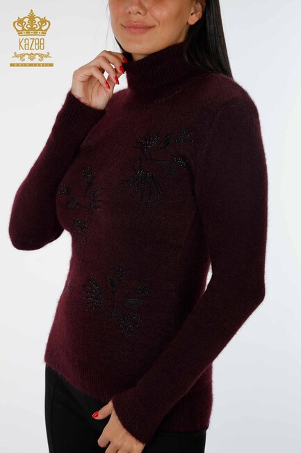 Women's Knitwear Sweater Cat Detailed Stone Embroidered Basic Plum - 18759 | KAZEE - Thumbnail