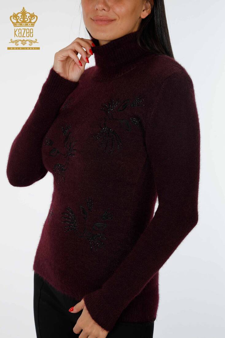 Women's Knitwear Sweater Cat Detailed Stone Embroidered Basic Plum - 18759 | KAZEE