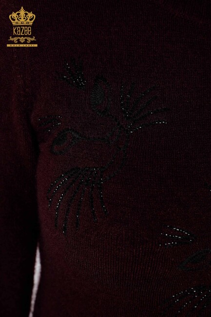 Women's Knitwear Sweater Cat Detailed Stone Embroidered Basic Plum - 18759 | KAZEE - Thumbnail