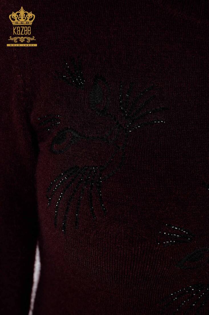 Women's Knitwear Sweater Cat Detailed Stone Embroidered Basic Plum - 18759 | KAZEE