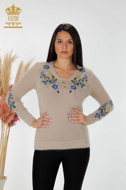 Women's Knitwear Sweater Beige With Flower Embroidery - 18917 | KAZEE - Thumbnail