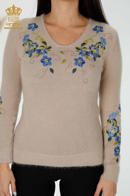 Women's Knitwear Sweater Beige With Flower Embroidery - 18917 | KAZEE - Thumbnail