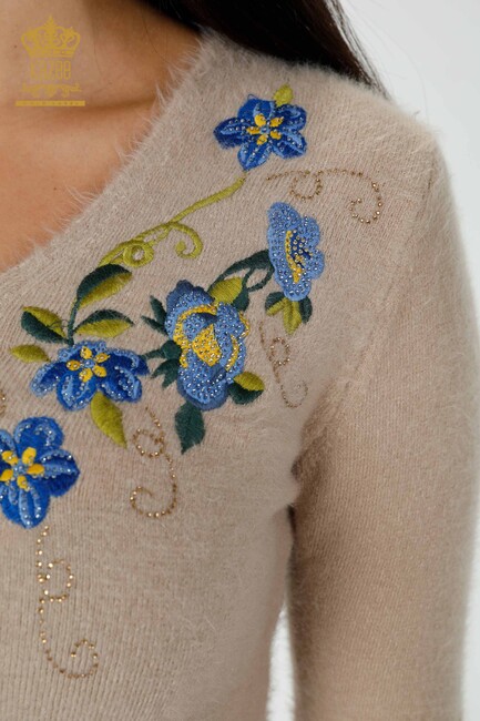 Women's Knitwear Sweater Beige With Flower Embroidery - 18917 | KAZEE - Thumbnail