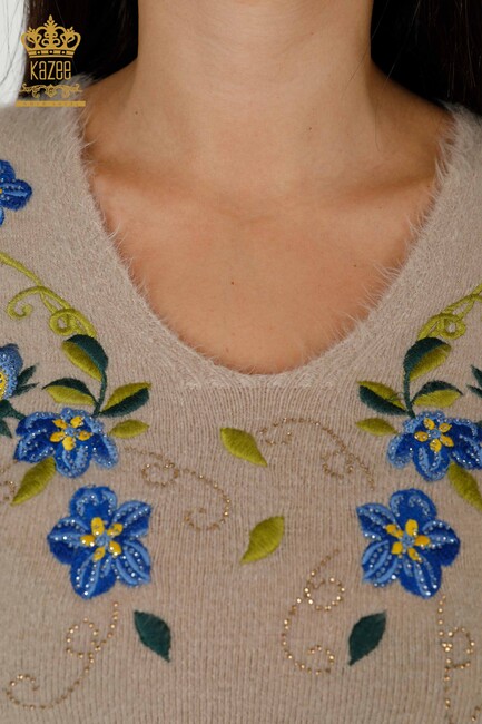 Women's Knitwear Sweater Beige With Flower Embroidery - 18917 | KAZEE - Thumbnail