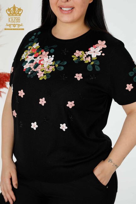 Women's Knitwear Sweater With Flower Embroidery Black - 16761 | KAZEE - Thumbnail