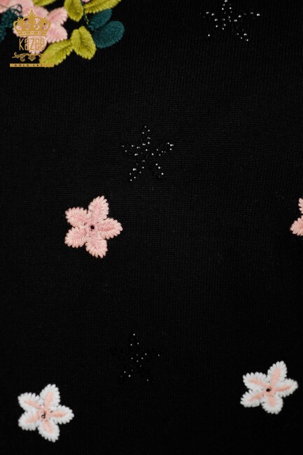 Women's Knitwear Sweater With Flower Embroidery Black - 16761 | KAZEE - Thumbnail