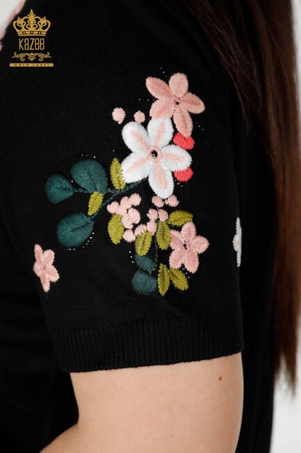 Women's Knitwear Sweater With Flower Embroidery Black - 16761 | KAZEE - Thumbnail