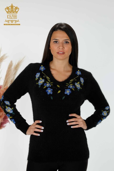 Women's Knitwear Sweater With Flower Embroidery Black - 18917 | KAZEE - Thumbnail