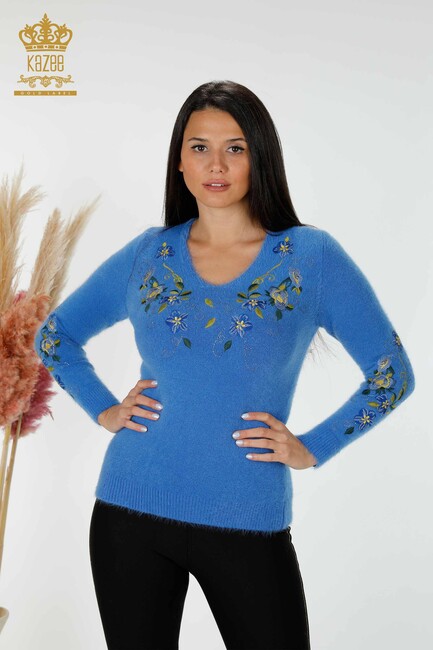 Women's Knitwear Sweater Blue With Floral Embroidery - 18917 | KAZEE - Thumbnail