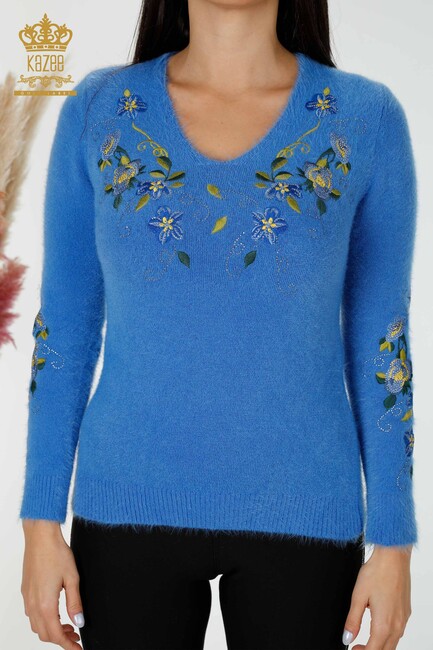 Women's Knitwear Sweater Blue With Floral Embroidery - 18917 | KAZEE - Thumbnail