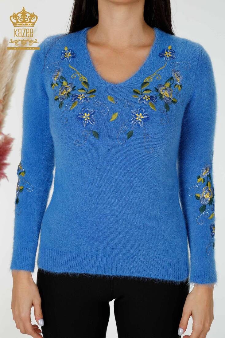 Women's Knitwear Sweater Blue With Floral Embroidery - 18917 | KAZEE