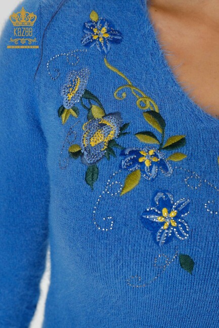 Women's Knitwear Sweater Blue With Floral Embroidery - 18917 | KAZEE - Thumbnail