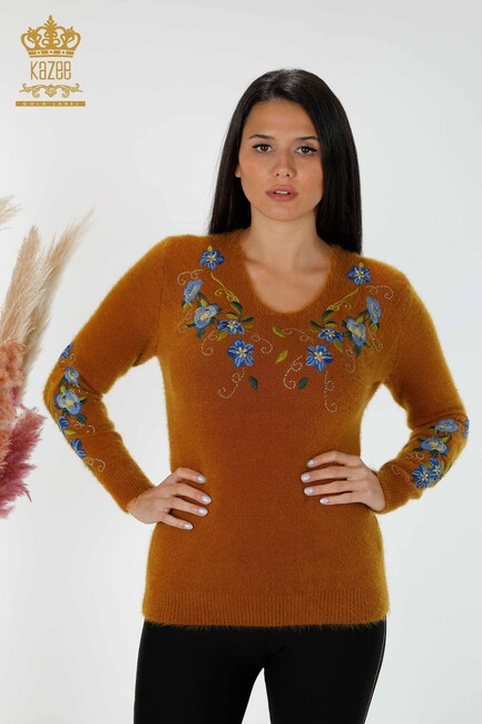 Women's Knitwear Sweater Floral Embroidered Mustard - 18917 | KAZEE - Thumbnail