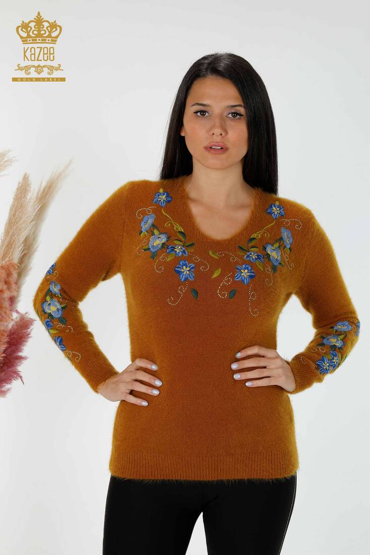 Women's Knitwear Sweater Floral Embroidered Mustard - 18917 | KAZEE