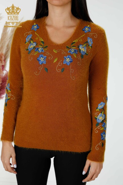 Women's Knitwear Sweater Floral Embroidered Mustard - 18917 | KAZEE - Thumbnail